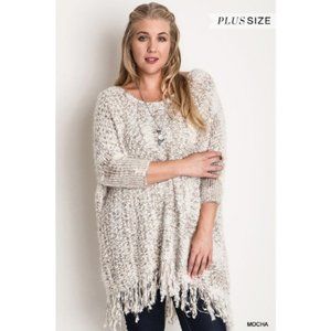 Women’s White Chunky Knit Sweater Frayed Trim